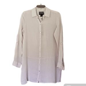 Tahari Blouse Button Front W/Collar Sustainable 100% Linen. Beige Size Small